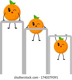 orange cartoon character goes in for sports on the horizontal bar active tropical fruit pulls up and winks on a white background vitamins concept