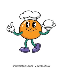 Orange cartoon character wearing chef hat serving food. Orange mascot wearing glove and shoes. Groovy Retro cartoon characters for icon, mascot, logo, label, poster, banner, print, sticker, clip art