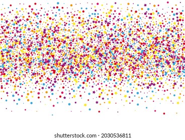 Orange Cartoon Circle Background. Scattered Star Illustration. Blue Dot Fun Decoration. Isolated Confetti Background.