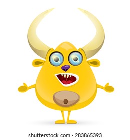 Orange Cartoon cute monster with horn isolated on white