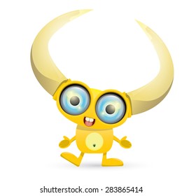 Orange Cartoon cute monster with horn isolated on white