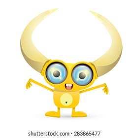 Orange Cartoon cute monster with horn isolated on white