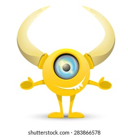 Orange Cartoon cute monster with horn isolated on white