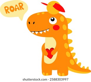 Orange cartoon dinosaur with bird on head for kids print