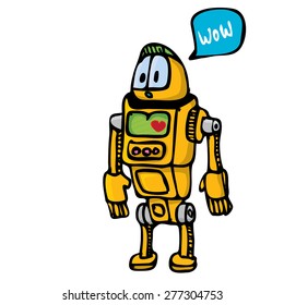 orange Cartoon doodle Robot on white. kids drawing style