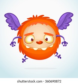 Orange cartoon flying monster. Vector furry monster character with violet wings smiling with a mouth full of teeth