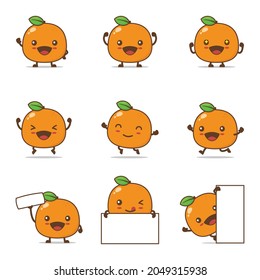 dibujos animados anaranjados, ilustración de vectores de frutas, con expresiones faciales felices y diferentes poses, aisladas en un fondo blanco