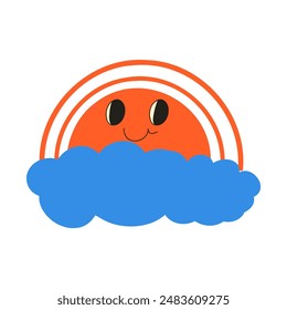 Orange cartoon funny sun with blue cloud on isolated background. Baby sunset concept.