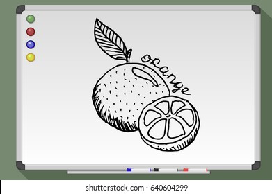 Orange cartoon. Hand drawn vector stock illustration. Black and white whiteboard drawing