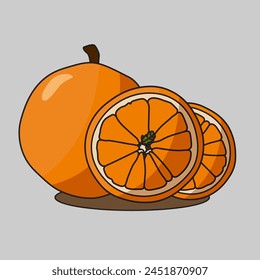 Orange cartoon icon illustration. Set of colorful slices and whole juicy orange. Fruit icon concept isolated background.