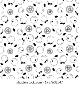 Orange cartoon illustration and leafs seamless pattern, black and white outlines.