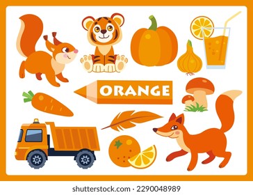 Orange cartoon illustration for learning colors. Cute orange objects set for kids: squirrel, tiger, juice, orange, fox, pumpkin, truck, onion, carrot, feather, mushroom.