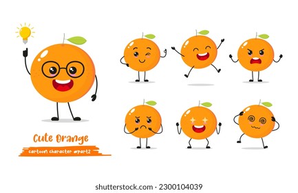 orange cartoon with many expressions. different fruit activity vector illustration flat design. smart tangerine for children story book.