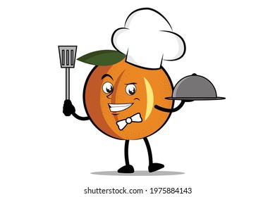 Orange Cartoon mascot or character as a chef holding the spatula and serving plate