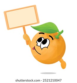 orange cartoon mascot character hold a blank sign board. happy face emoticon. cute fruit concept. plant, nature, or health themes