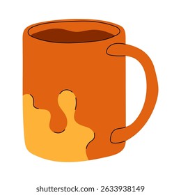 Orange cartoon mug with a drink. The mug has a simple design and a large handle, suitable for hot drinks.