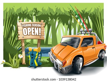 Orange cartoon off-road car with fishing equipment near the lake