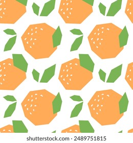 Orange cartoon seamless pattern. Tropical fruits background isolated on white. Orange with leaves and abstract element geometric print for fabric, paper, design.