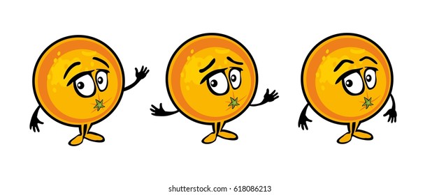 Orange cartoon smiles, surprised and sad and waves his hand. Color vector flat illustration isolated on white background.