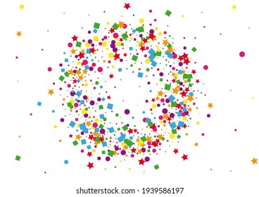Orange Cartoon Square Background. Explosion Circle Illustration. Purple Star Decoration. Green Fiesta Confetti.