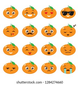 Orange cartoon tangerine with different expressions. Fruit vector set of emojis
