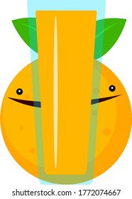 orange cartoon tropical fruit character hiding behind a transparent glass with fresh juice concept of a popular drink and vitamin object on a white background