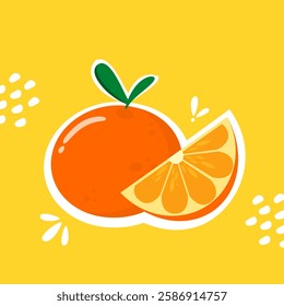 Orange cartoon vector with yellow background. Citrus fruit illustration. For wallpaper, fabric print, gift wrap paper