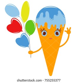 Orange cartoon waffle cone ice cream with colorful balloons of different shapes. Flat colored drawing on a white background.