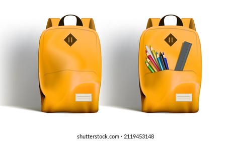 Orange Casual Backpack With And Without School Supplies Isolated on White Background. EPS10 Vector