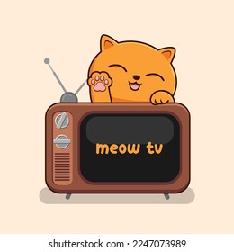 Orange Cat Behind TV Waving Paws Hand - Cute Orange Cat Above TV