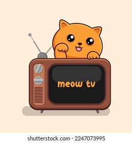 Orange Cat Behind TV Waving Hand - Cute Orange Cat Above TV