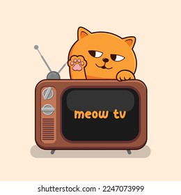 Orange Cat Behind TV Waving Paws Hand - Cute Orange Cat Above TV