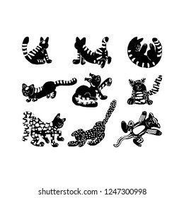 Orange Cat black on white silhouette illustrations. Vector handdrawn set of elements.