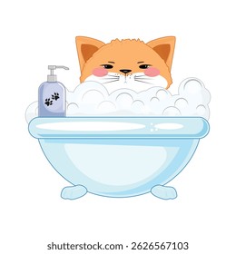 Orange cat in blue bathtub with bubbles, pet bath time, shampoo bottle, cartoon style, isolated on white