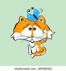 Orange cat with blue butterfly. Vector illustration. Children's illustration for school textbooks, stickers, posters, album covers.Print on t-shirt