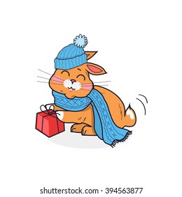 Orange cat in blue hat isolated design flat. Kitten animal cartoon cute pet funny, head cat drawing, image mascot, domestic colorful cat with gift box, wildlife mammal, breed comic vector illustration