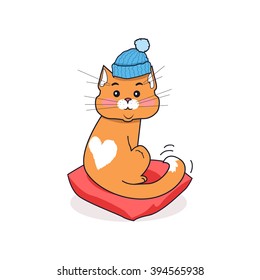 Orange cat with a blue hat on his head sitting on a red pillow isolated on white background. Drawing cat with a white heart on the fur on back. Funny domestic animal pet kitten. Vector illustration