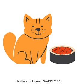 Orange cat with a bowl of food on an isolated white background. Hungry kitten. Hand draw vector illustration