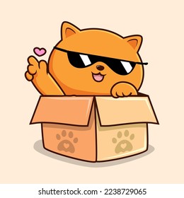 Orange Cat in Box Cartoon Waving Hand - Cute Pussy Cat with Glasses Cool