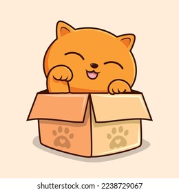 Orange Cat in Box Cartoon Waving Hand - Cute Pussy Cat Pawns Vector