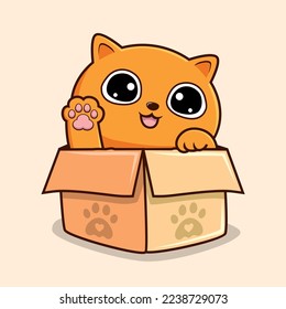 Gato anaranjado en caja mano ondulante ondulante - vector de peinados de gato lindo pussy