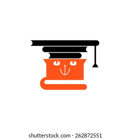 Orange cat carrying books like a graduation hat. Vector icon.