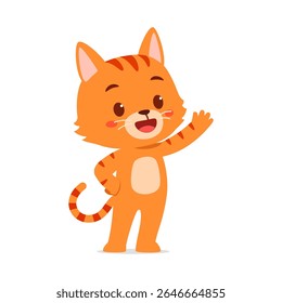 Orange Cat Cartoon Character Waving Hand Standing and Smiling Adorable Cheerful with White Background