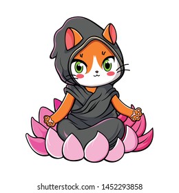 Orange Cat Cartoon Vector. Cute Orange Cat Smiling With Green Eyes Is Meditating. Cat Wearing A Dark Grey Budha Dress And Sitting On The Pink Flower.