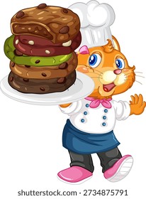 Orange cat chef balances a plate of giant assorted cookies in this vector illustration