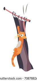 Orange cat climbing curtains and breaking curtain rail, cartoon vector illustration, isolated on white