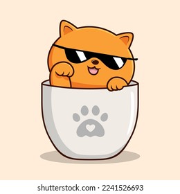Orange Cat in Cup Waving Paws Cartoon - Orange Pussy Cat Cool Sunglasses Vector