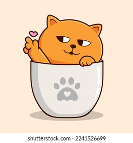 Orange Cat in Cup Waving Paws Cartoon - Orange Pussy Cat Love Hand Vector