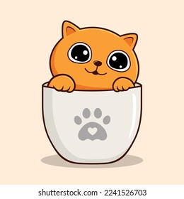 Orange Cat in Cup Waving Paws Cartoon - Orange Pussy Cat Vector