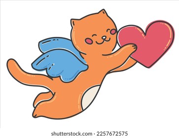 Orange cat cupid holding a heart. Angel cat. Valentine's day card. Vector illustration in a flat style.